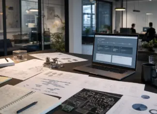 Moderner Startup-Arbeitsplatz zur Forschungszulage 2026 mit Laptop, Unterlagen und FuE-Planung