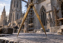 Ein messingner Stechzirkel steht mit weit gespreizten Schenkeln auf einer verwitterten Schieferplatte, zwischen seinen Spitzen liegt ein schmaler Streifen unberührten Steins, kühles Seitenlicht