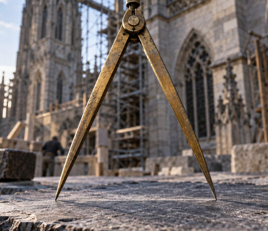 Ein messingner Stechzirkel steht mit weit gespreizten Schenkeln auf einer verwitterten Schieferplatte, zwischen seinen Spitzen liegt ein schmaler Streifen unberührten Steins, kühles Seitenlicht