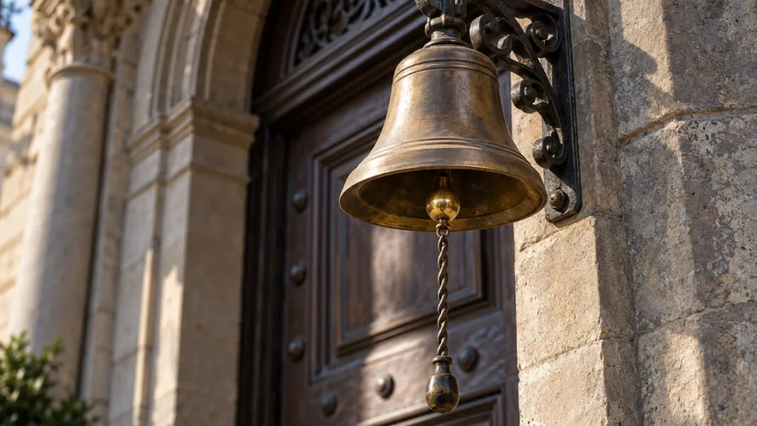 Eine bronzene Türglocke an einem geschmiedeten Zugdraht am Eingang eines alten Amtshauses