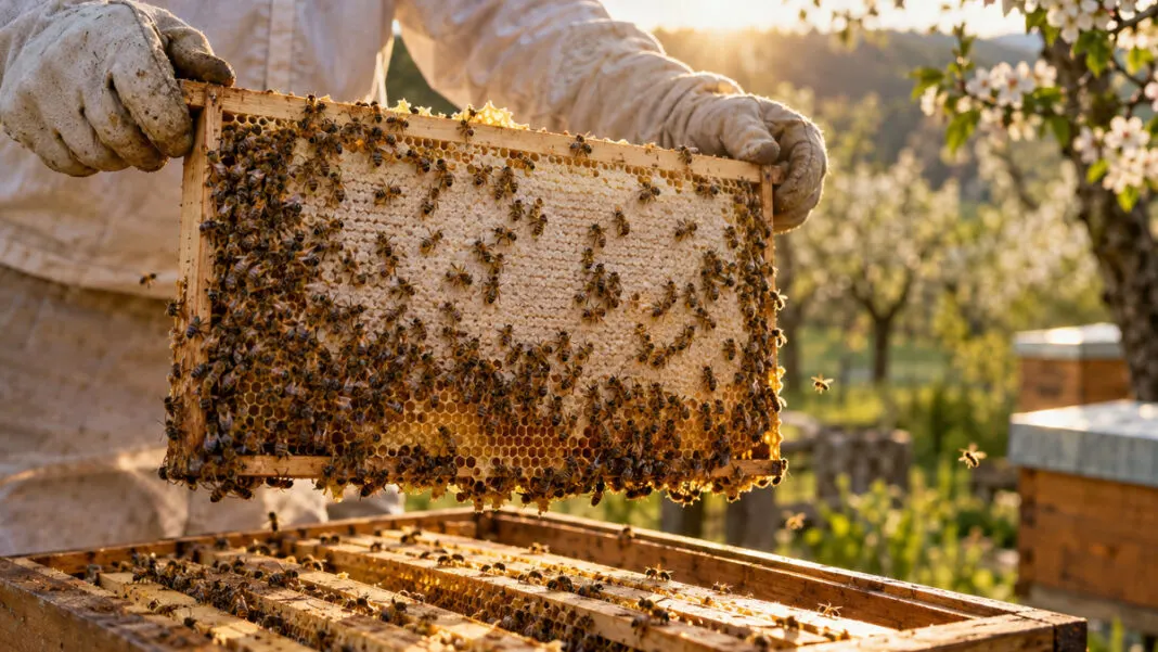 Hände heben eine verdeckelte Honigwabe aus einer geöffneten Bienenbeute im Obstgarten