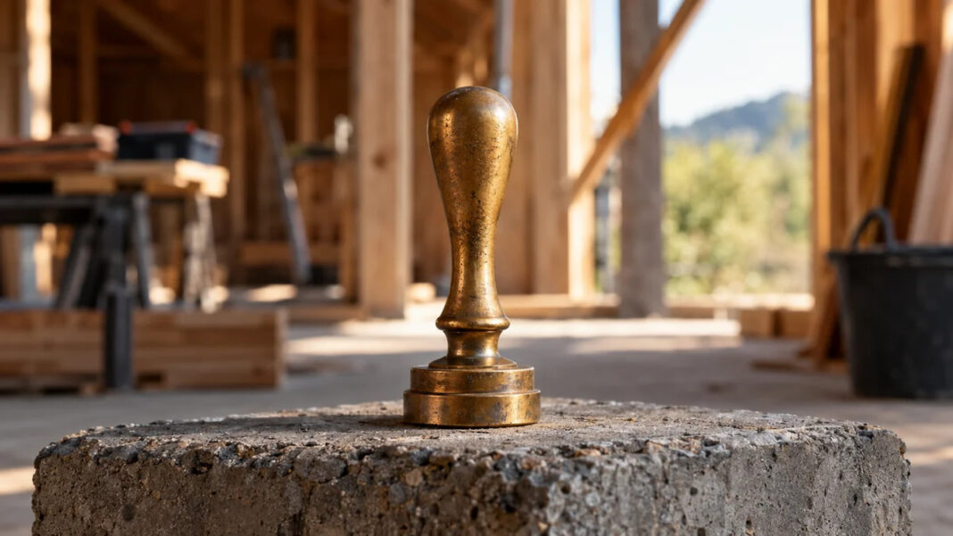 Unmarkierter Messingstempel auf einem Betonblock in einer Sanierungswerkstatt