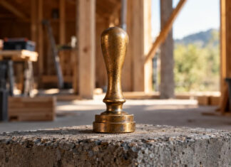 Unmarkierter Messingstempel auf einem Betonblock in einer Sanierungswerkstatt