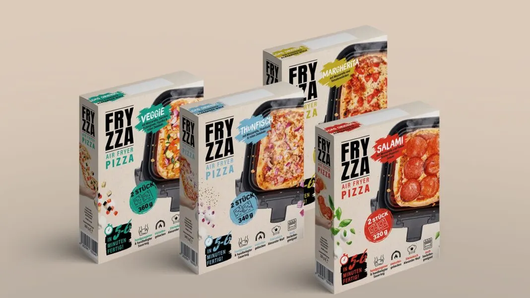 Vier Packungen Fryzza Airfryer-Pizza in den Sorten Veggie, Thunfisch, Margherita und Salami