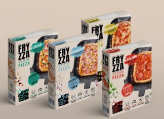 Vier Packungen Fryzza Airfryer-Pizza in den Sorten Veggie, Thunfisch, Margherita und Salami