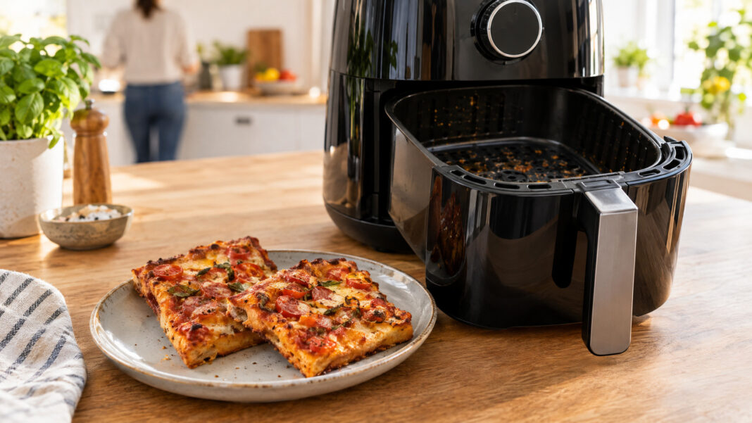 Fryzza bei der Höhle der Löwen: Dieter Könnes und die Airfryer-Pizza Zwei rechteckige Pizzastücke auf einem Teller neben einer geöffneten Heißluftfritteuse