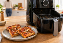 Fryzza bei der Höhle der Löwen: Dieter Könnes und die Airfryer-Pizza Zwei rechteckige Pizzastücke auf einem Teller neben einer geöffneten Heißluftfritteuse