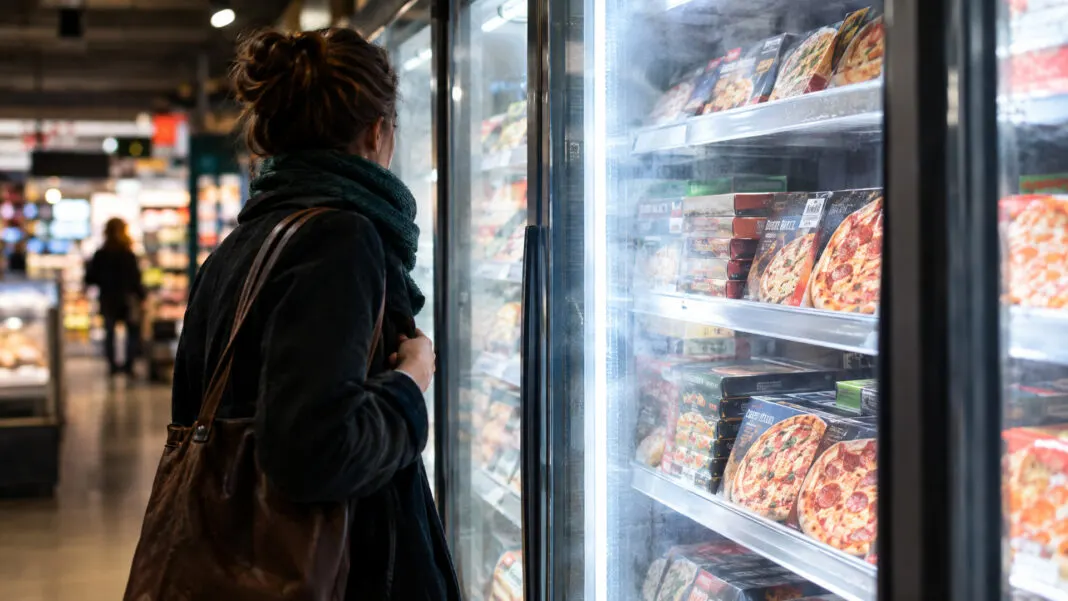 Geöffnetes Tiefkühlregal mit Pizzapackungen in einem Supermarkt