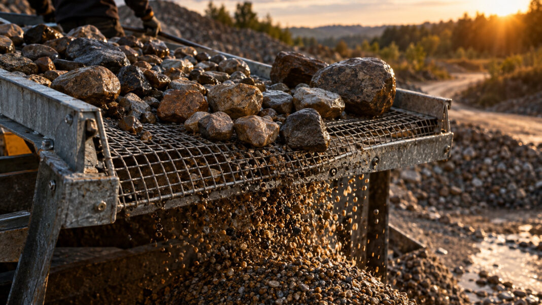 Ein grobes Drahtsieb aus verzinktem Stahl trennt feinen Kies von faustgroßen Feldsteinen, die Körner rieseln durch das Gitter, schräges Abendlicht auf nassem Stein.