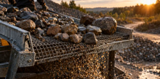 Ein grobes Drahtsieb aus verzinktem Stahl trennt feinen Kies von faustgroßen Feldsteinen, die Körner rieseln durch das Gitter, schräges Abendlicht auf nassem Stein.