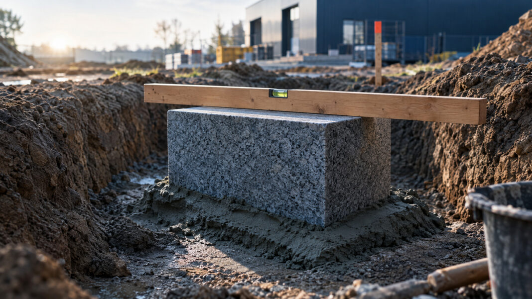 Ein glatt behauener Grundstein aus Granit ist frisch in ein Mörtelbett gesetzt, eine hölzerne Setzlatte liegt quer darüber, kühles Morgenlicht
