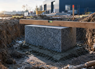 Ein glatt behauener Grundstein aus Granit ist frisch in ein Mörtelbett gesetzt, eine hölzerne Setzlatte liegt quer darüber, kühles Morgenlicht