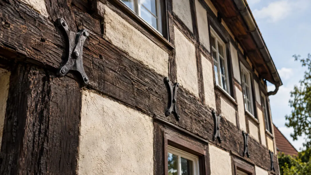 Vier geschmiedete Maueranker halten die Balkenköpfe in der Außenwand eines Fachwerkhauses