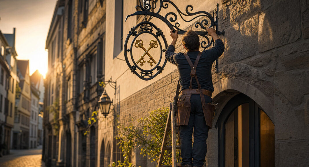 Handwerksmeister montiert ein schmiedeeisernes Zunftschild über dem Eingang seiner neuen Werkstatt