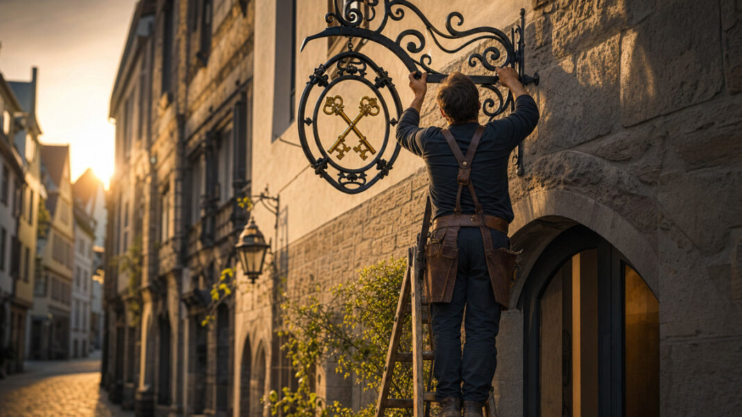 Handwerksmeister montiert ein schmiedeeisernes Zunftschild über dem Eingang seiner neuen Werkstatt Handwerksmeister montiert ein schmiedeeisernes Zunftschild über dem Eingang seiner neuen Werkstatt