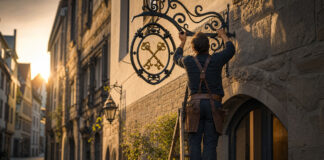 Handwerksmeister montiert ein schmiedeeisernes Zunftschild über dem Eingang seiner neuen Werkstatt