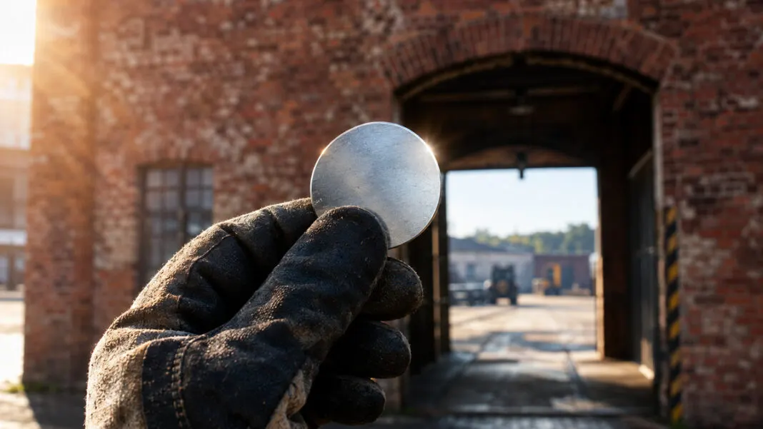 Behandschuhte Hand hält eine runde blanke Metallmarke ins Licht