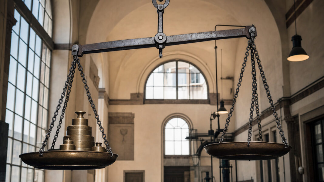 Gewerbesteuer berechnen: Freibetrag, Messzahl und Hebesatz Eine große eiserne Balkenwaage mit zwei Messingschalen hängt an schweren Ketten in einer hohen Wiegehalle, auf der linken Schale ein Stapel Messinggewichte, Vormittagslicht durch hohe Bogenfenster