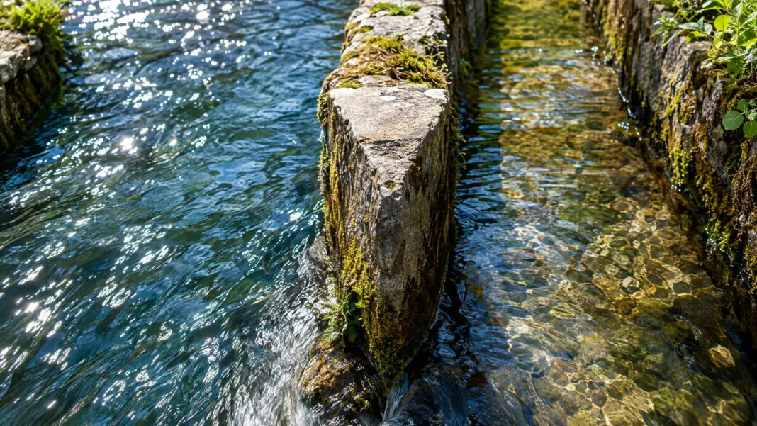 Gemauerter Teilerstein spaltet einen Bachlauf in zwei ungleich breite Steinrinnen