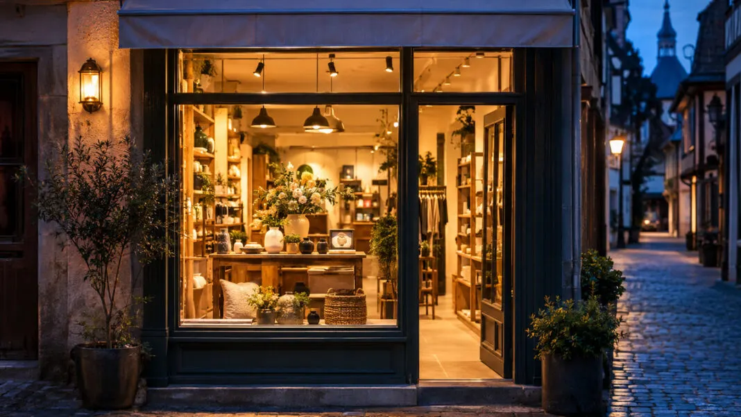 Frisch renoviertes Schaufenster eines kleinen Ladens in einer Altstadtgasse zur blauen Stunde