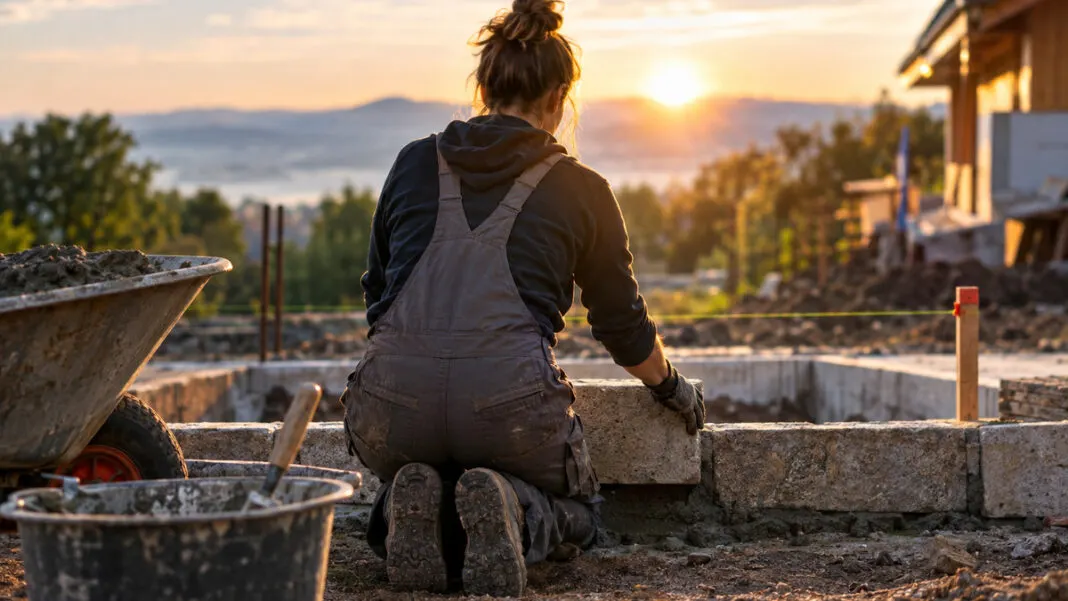 Eine Maurerin von hinten setzt den ersten Stein eines Fundaments auf einer kleinen Baustelle
