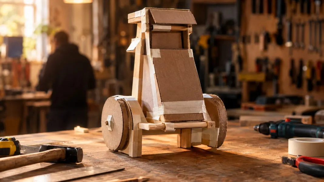Ein grober Prototyp aus Holz, Pappe und Klebeband auf einer Werkbank