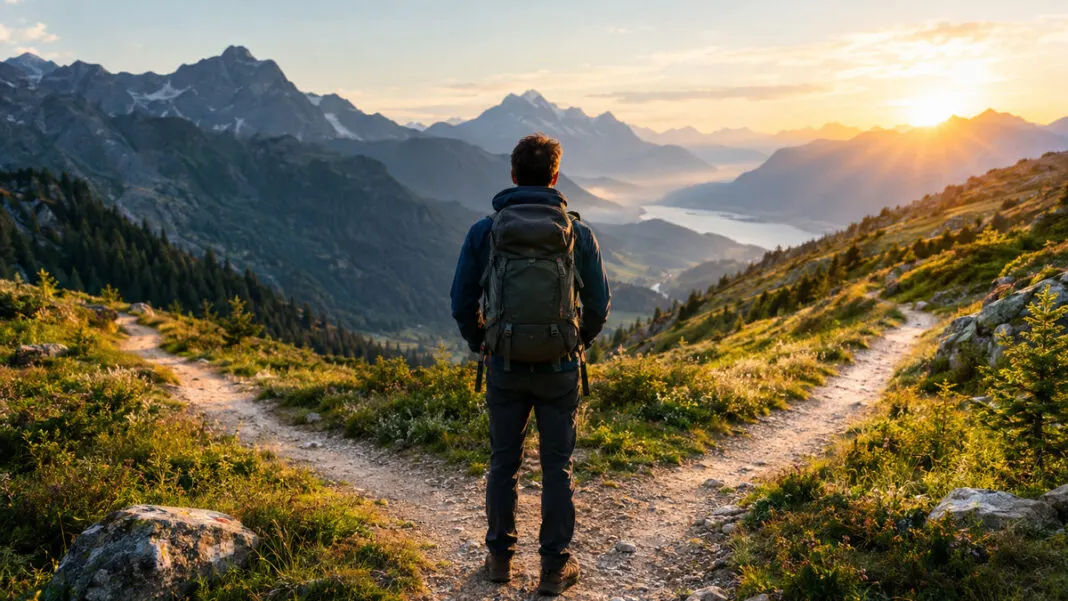 Ein Wanderer an einer Weggabelung im Gebirge, zwei Pfade führen in verschiedene Täler