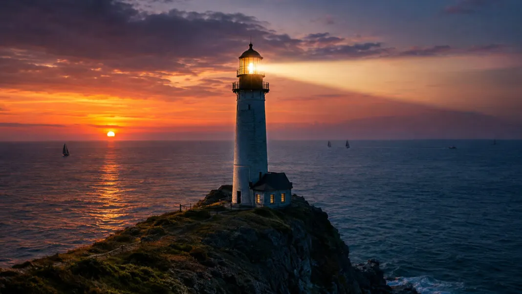 Ein Leuchtturm auf einer Klippe in der Abenddämmerung, sein Licht streift über das Meer