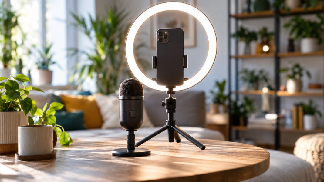 YouTube-Influencer Deutschland 2026 Ringlicht mit Smartphone auf einem Stativ und ein Mikrofon auf einem Wohnzimmertisch