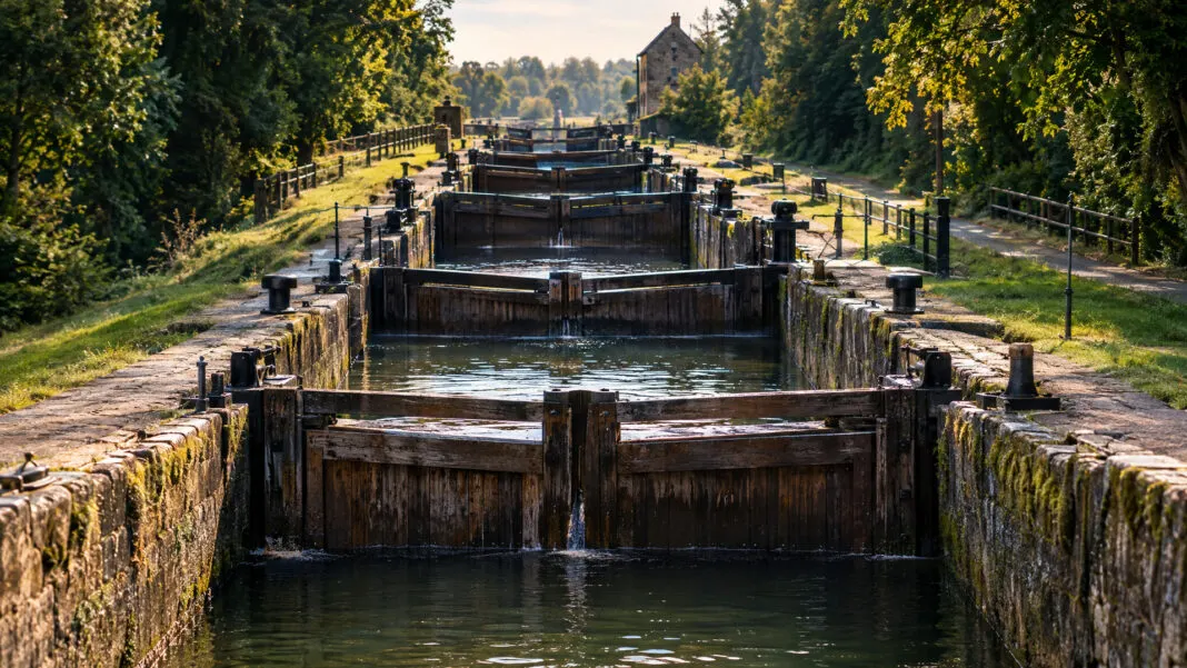 Sechs hölzerne Schleusentore hintereinander in einem Kanal, das Wasser steht in jeder Kammer anders hoch.