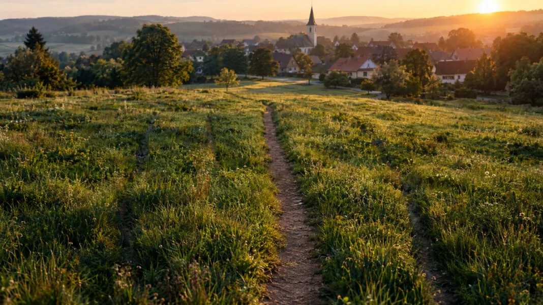 Fünf Trampelpfade über eine feuchte Wiese, einer breit ausgetreten, die übrigen im hohen Gras verlaufend.