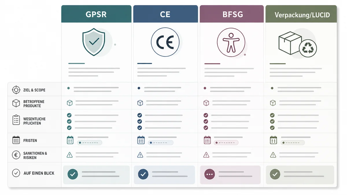 gpsr-ce-bfsg-vergleich Vergleichsgrafik zu GPSR, CE, BFSG und Verpackungspflichten im Online-Shop