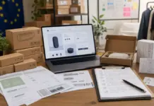 Schreibtischszene mit Produktseite und GPSR-Checkliste für einen Online-Shop