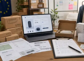 Schreibtischszene mit Produktseite und GPSR-Checkliste für einen Online-Shop