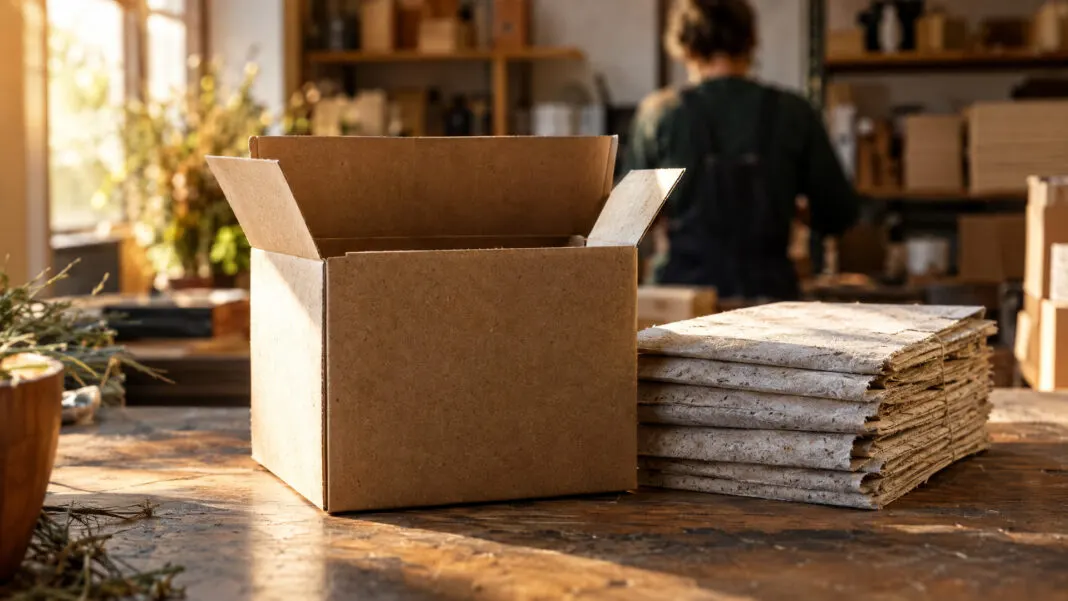 Geöffnete Faltschachtel aus Recyclingkarton neben gefaltetem Graspapier im Seitenlicht