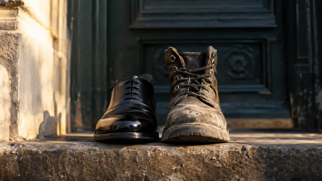 Ein polierter Lederschuh und ein abgelaufener Arbeitsstiefel stehen nebeneinander auf einer Steinstufe.