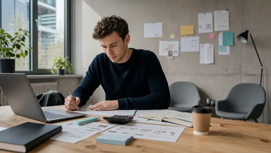 Junger Gründer plant seine Finanzierung und Strategie im Startup-Arbeitsplatz.