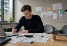 Junger Gründer plant seine Finanzierung und Strategie im Startup-Arbeitsplatz.