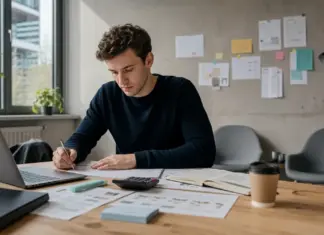 Junger Gründer plant seine Finanzierung und Strategie im Startup-Arbeitsplatz.