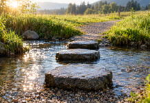 Drei flache nasse Granit-Trittsteine führen über einen klaren Bach, der vorderste liegt frisch gesetzt im Kies, Morgenlicht glitzert auf dem Wasser