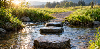 Drei flache nasse Granit-Trittsteine führen über einen klaren Bach, der vorderste liegt frisch gesetzt im Kies, Morgenlicht glitzert auf dem Wasser