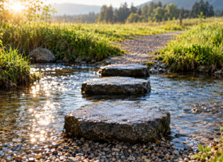 Drei flache nasse Granit-Trittsteine führen über einen klaren Bach, der vorderste liegt frisch gesetzt im Kies, Morgenlicht glitzert auf dem Wasser