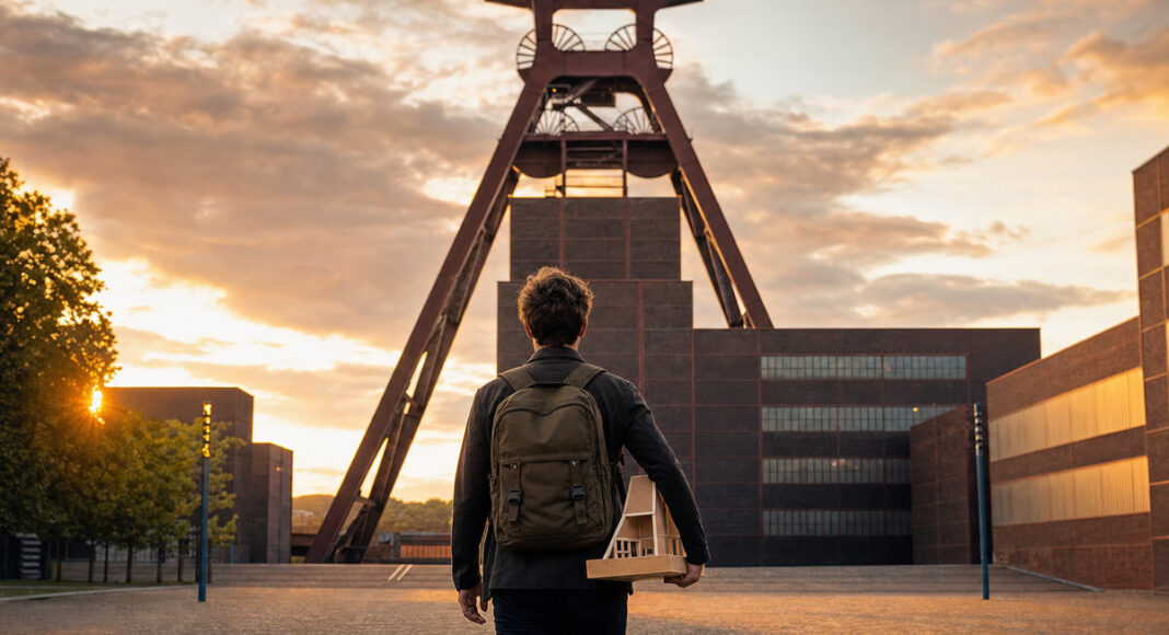 Gründer mit Rucksack vor dem Förderturm der Zeche Zollverein im Abendlicht