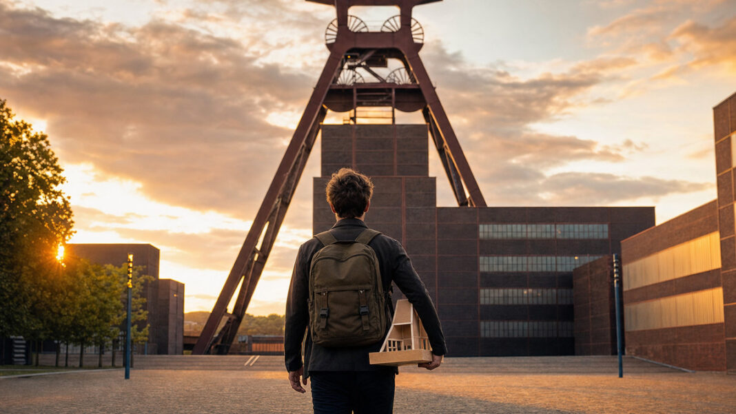 Gründer mit Rucksack vor dem Förderturm der Zeche Zollverein im Abendlicht