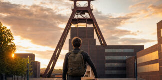 Gründer mit Rucksack vor dem Förderturm der Zeche Zollverein im Abendlicht