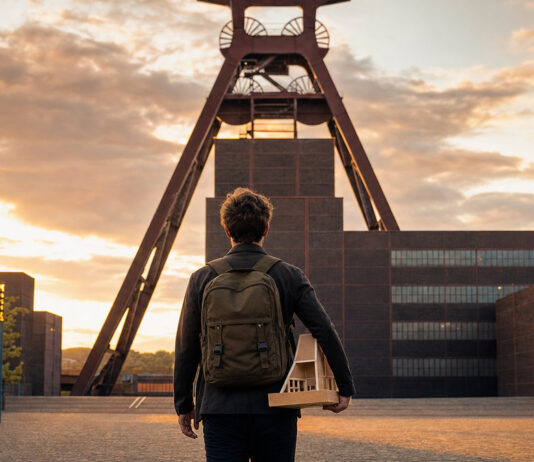 Gründer mit Rucksack vor dem Förderturm der Zeche Zollverein im Abendlicht