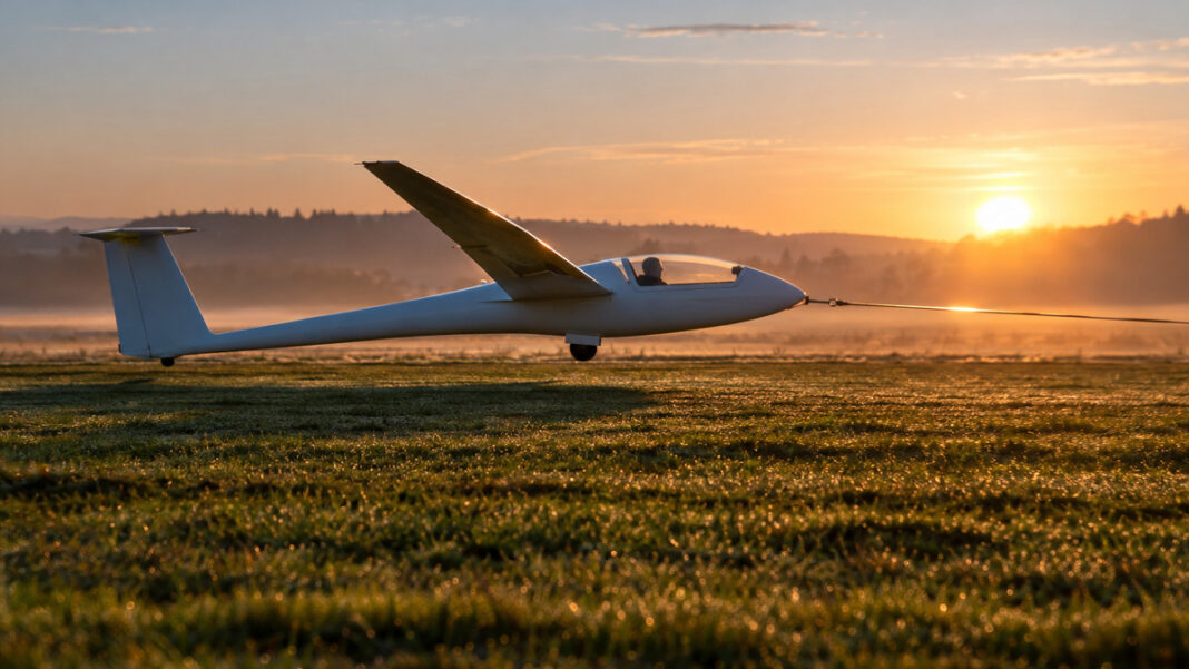 Ein straff gespanntes Stahlseil zieht ein weißes Segelflugzeug über die taunasse Graspiste, die Tragflächen heben gerade vom Boden ab, tiefstehende Morgensonne glänzt auf dem Seil