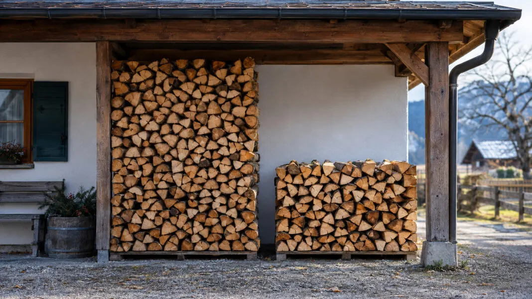 Zwei unterschiedlich hohe Brennholzstapel nebeneinander unter einem Vordach