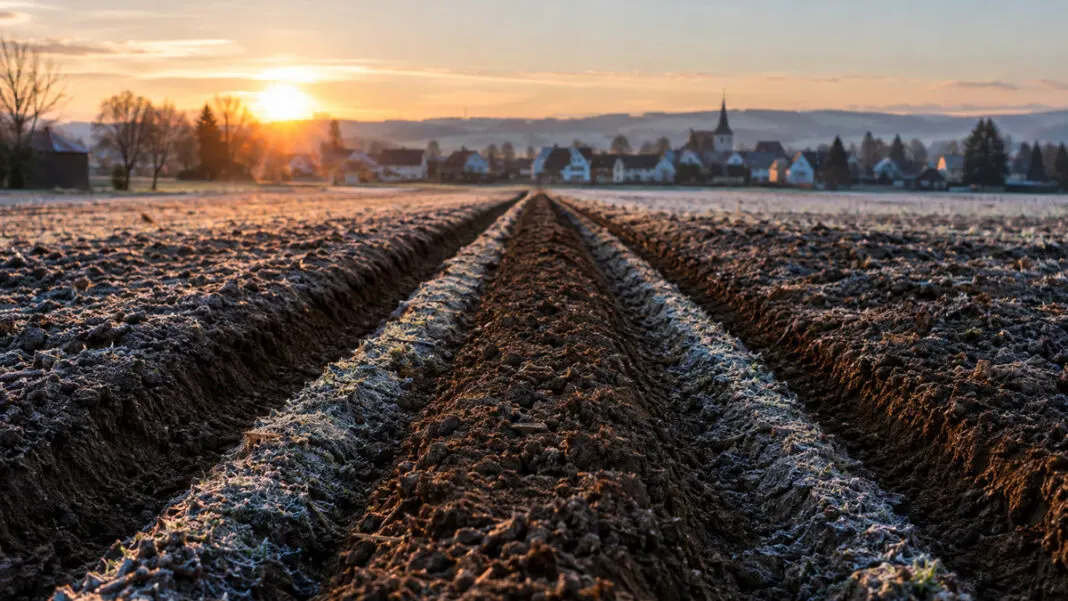 Drei nebeneinander verlaufende Saatfurchen auf einem frisch gepflügten Acker im Morgenlicht
