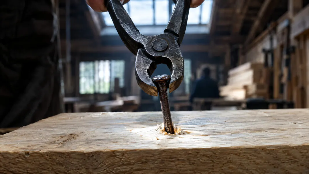 Eine Zange zieht einen geschmiedeten Nagel halb aus einer hellen Eichenbohle heraus